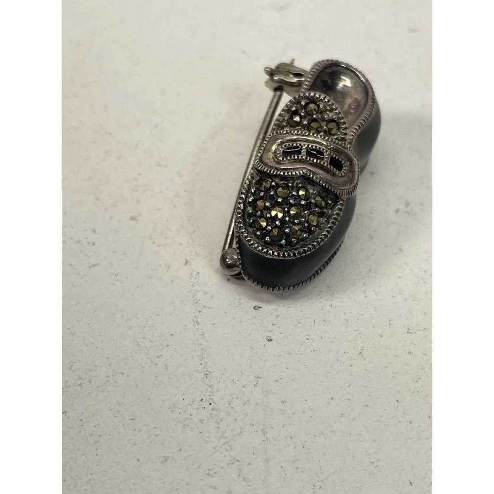 Sterling Silver Shoe Brooch Black Enamel Marcasite Gray Stone Vintage Pin